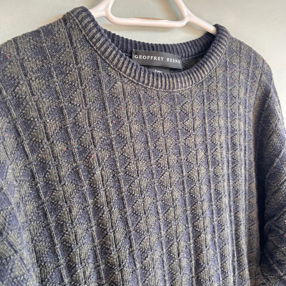Geoffrey Beene Mens XL Textured Knit Crewneck Sweater Navy Olive Made in Italy